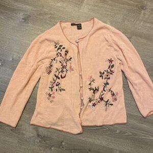 Korean Pastel Pink Embroidered Flower Cardigan